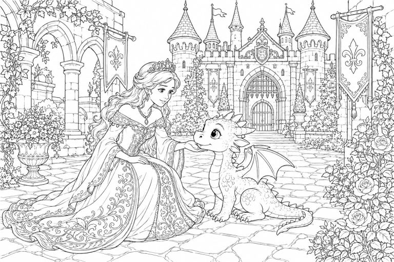 Prinzessin mit kleinem Drachen im Schlosshof - Ausmalbild ab 11 Jahren