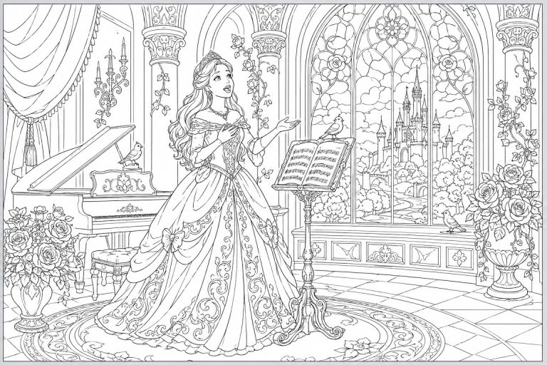 Singende Prinzessin im Musikzimmer - Ausmalbild ab 11 Jahren