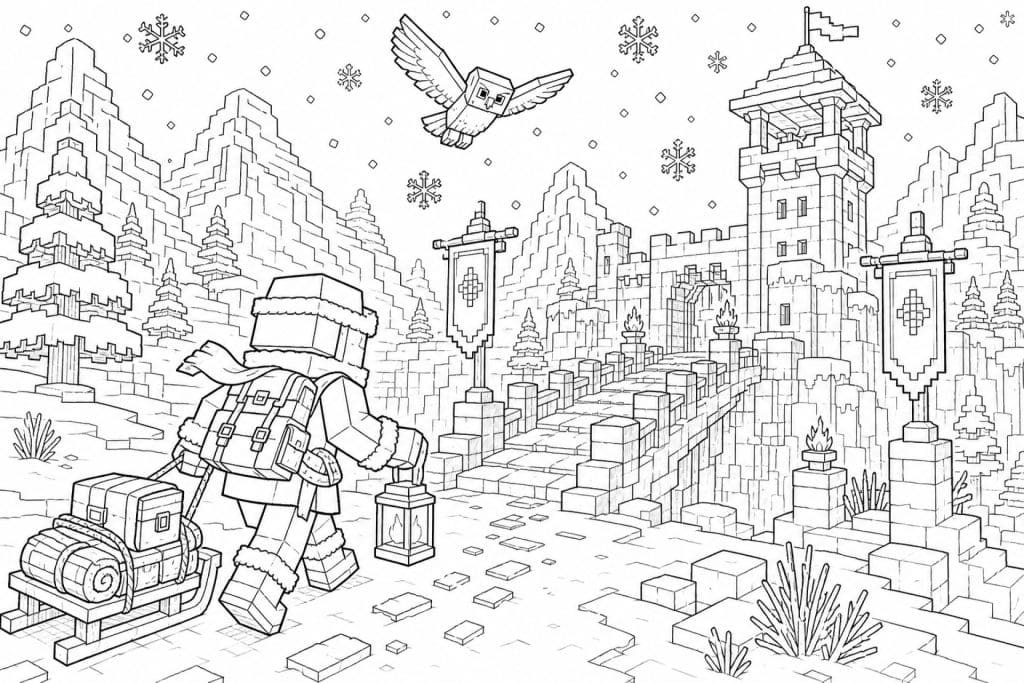Bloxwelt Winterfestung mit Brücke - Ausmalbild ab 11 Jahren