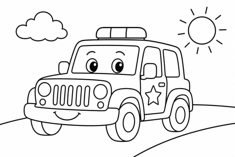 Freundlicher Polizei Jeep - Ausmalbild ab 2 Jahren