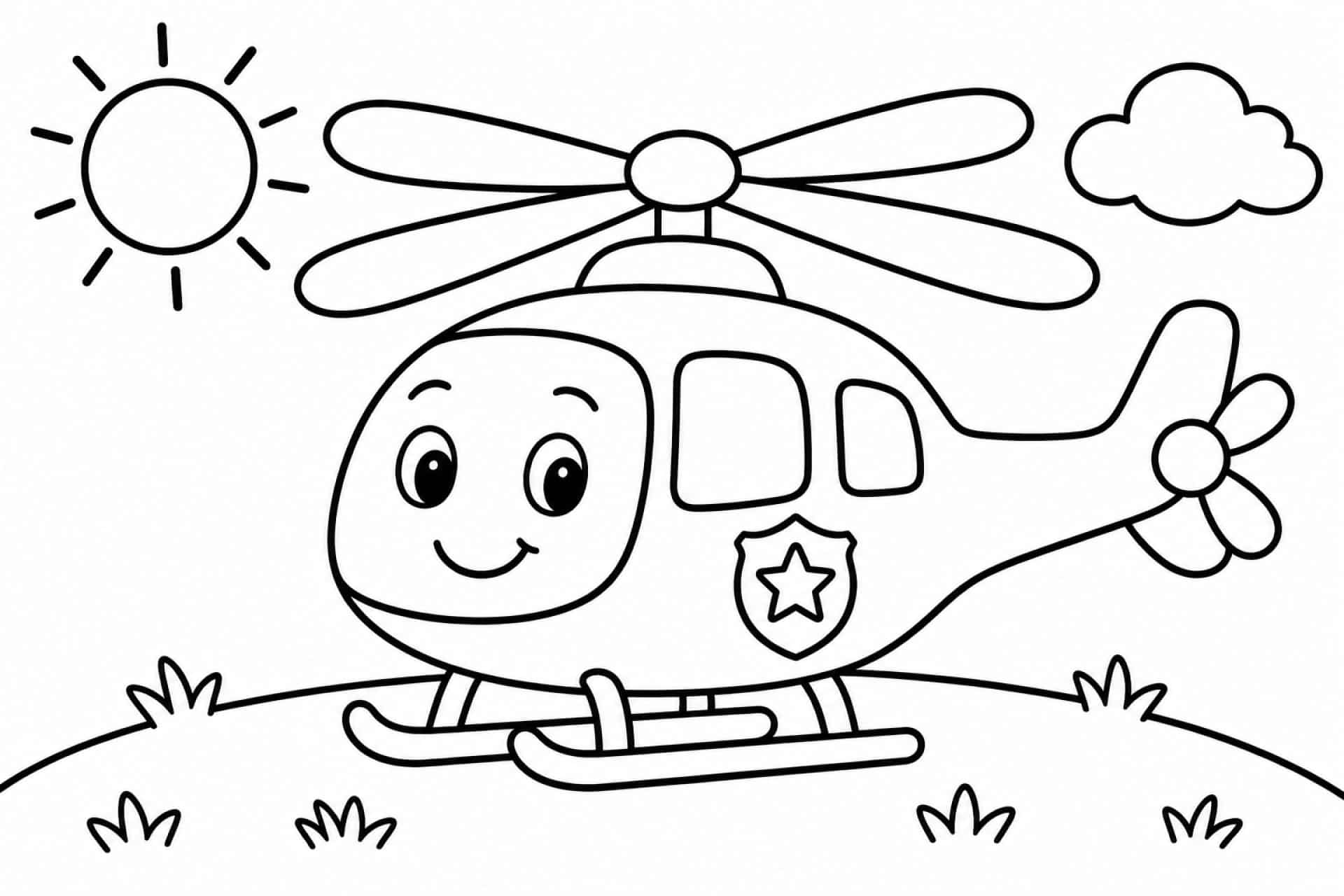 Freundlicher Polizeihubschrauber auf der Wiese - Ausmalbild ab 2 Jahren