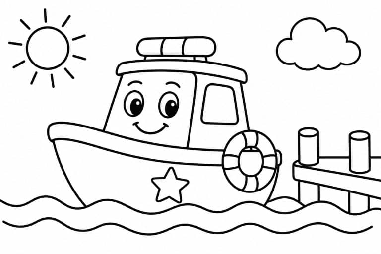 Freundliches Polizeiboot am Steg - Ausmalbild ab 2 Jahren