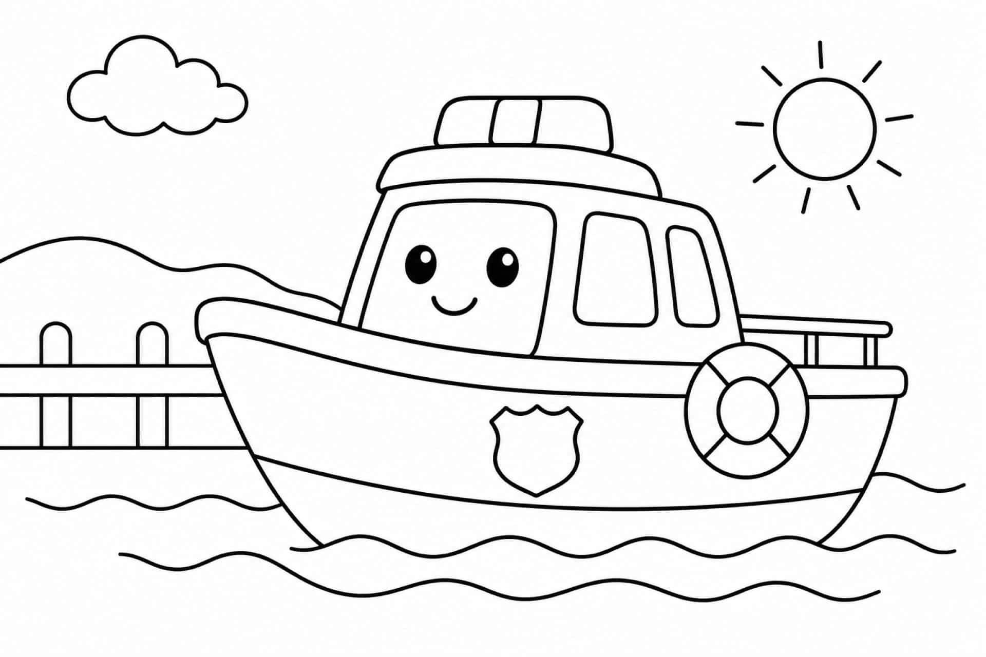 Freundliches Polizeiboot - Ausmalbild ab 2 Jahren