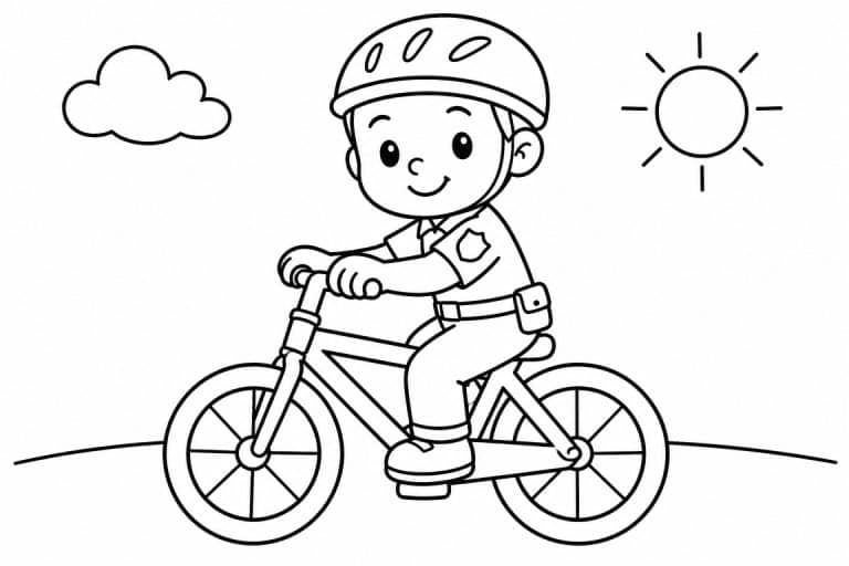 Kleiner Polizist auf dem Fahrrad - Ausmalbild ab 2 Jahren