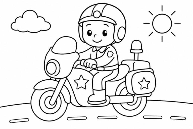 Kleiner Polizist auf dem Motorrad - Ausmalbild ab 2 Jahren