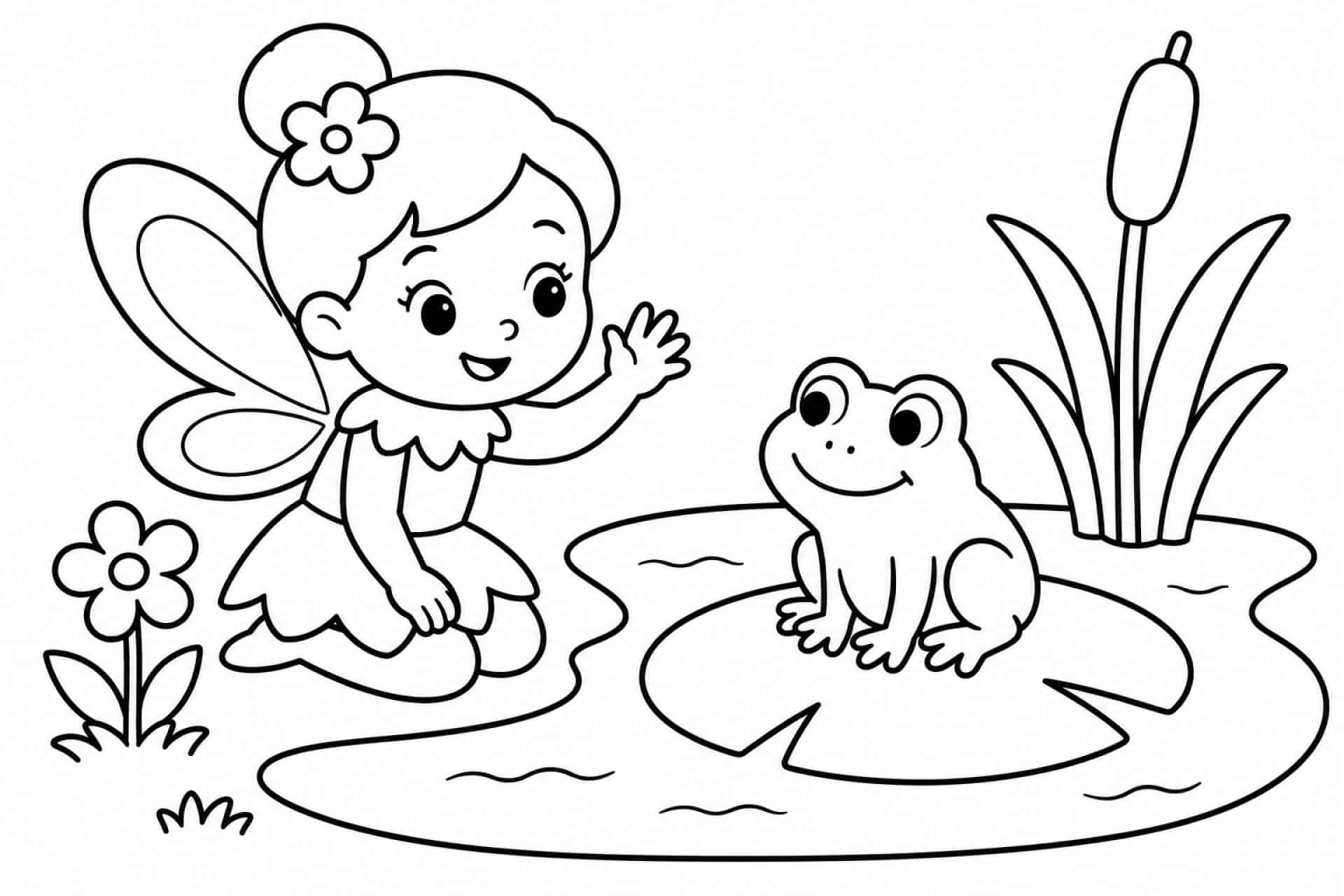 Fee am Teich mit Frosch - Ausmalbild ab 2 Jahren
