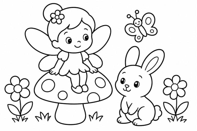 Fee auf dem Pilz mit Hase - Ausmalbild ab 2 Jahren