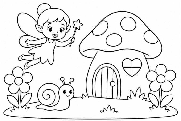 Fee beim Pilzhaus mit Schnecke - Ausmalbild ab 2 Jahren