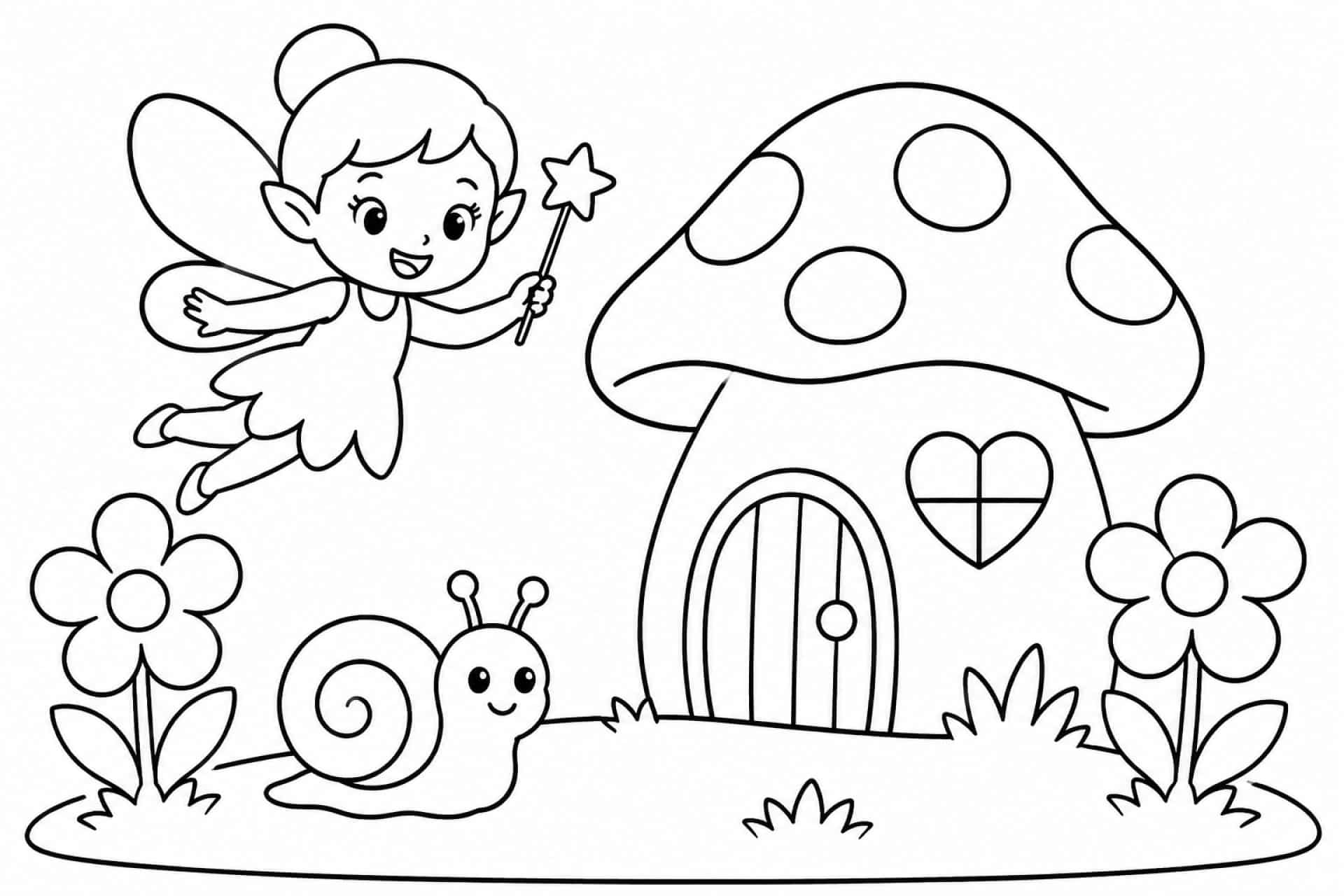Fee beim Pilzhaus mit Schnecke - Ausmalbild ab 2 Jahren