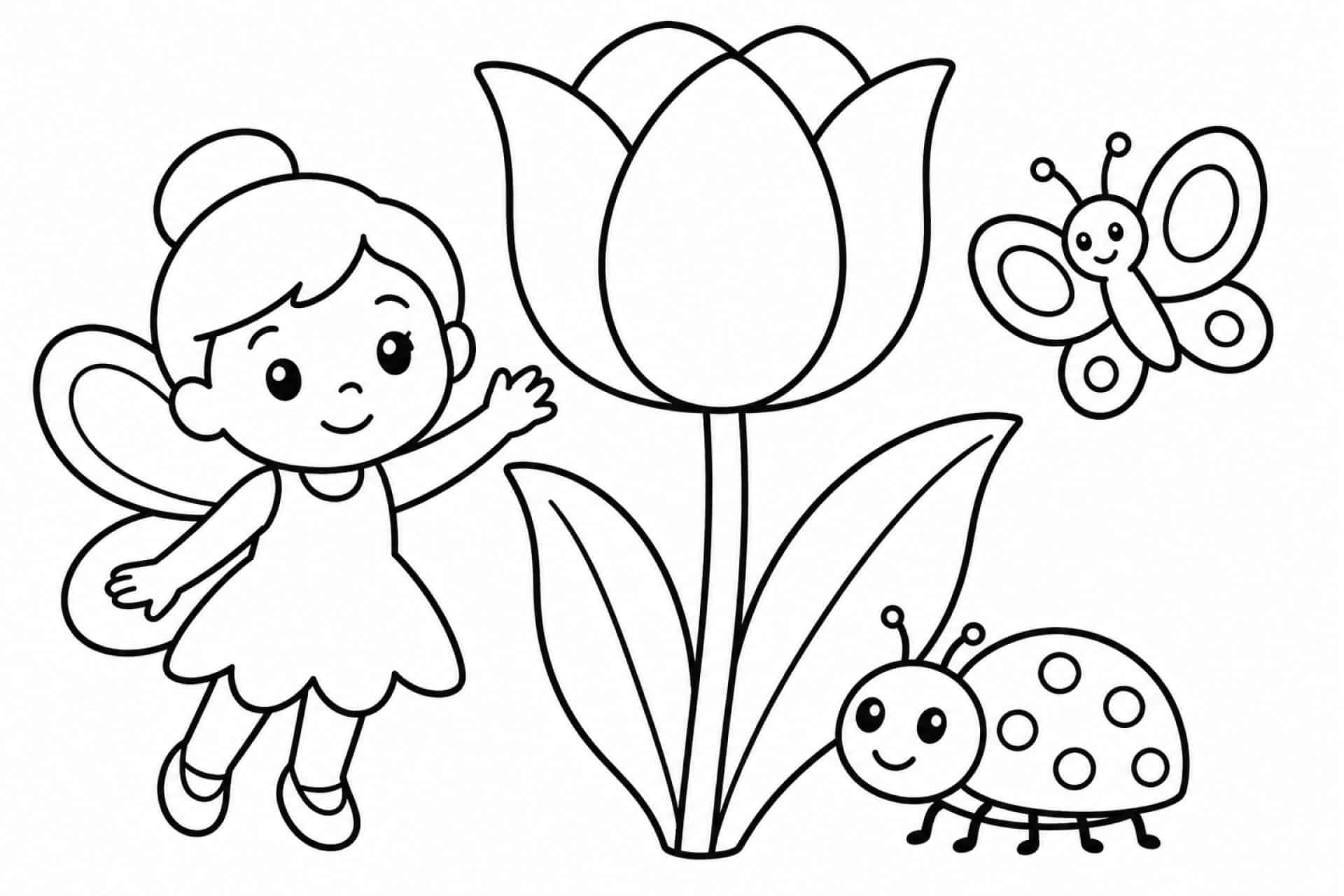 Fee mit großer Tulpe und Marienkäfer - Ausmalbild ab 2 Jahren