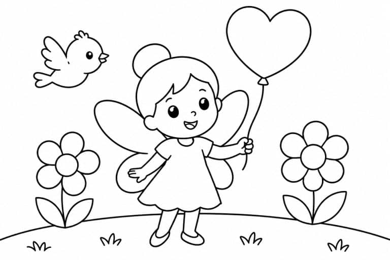 Fee mit Herzballon - Ausmalbild ab 2 Jahren