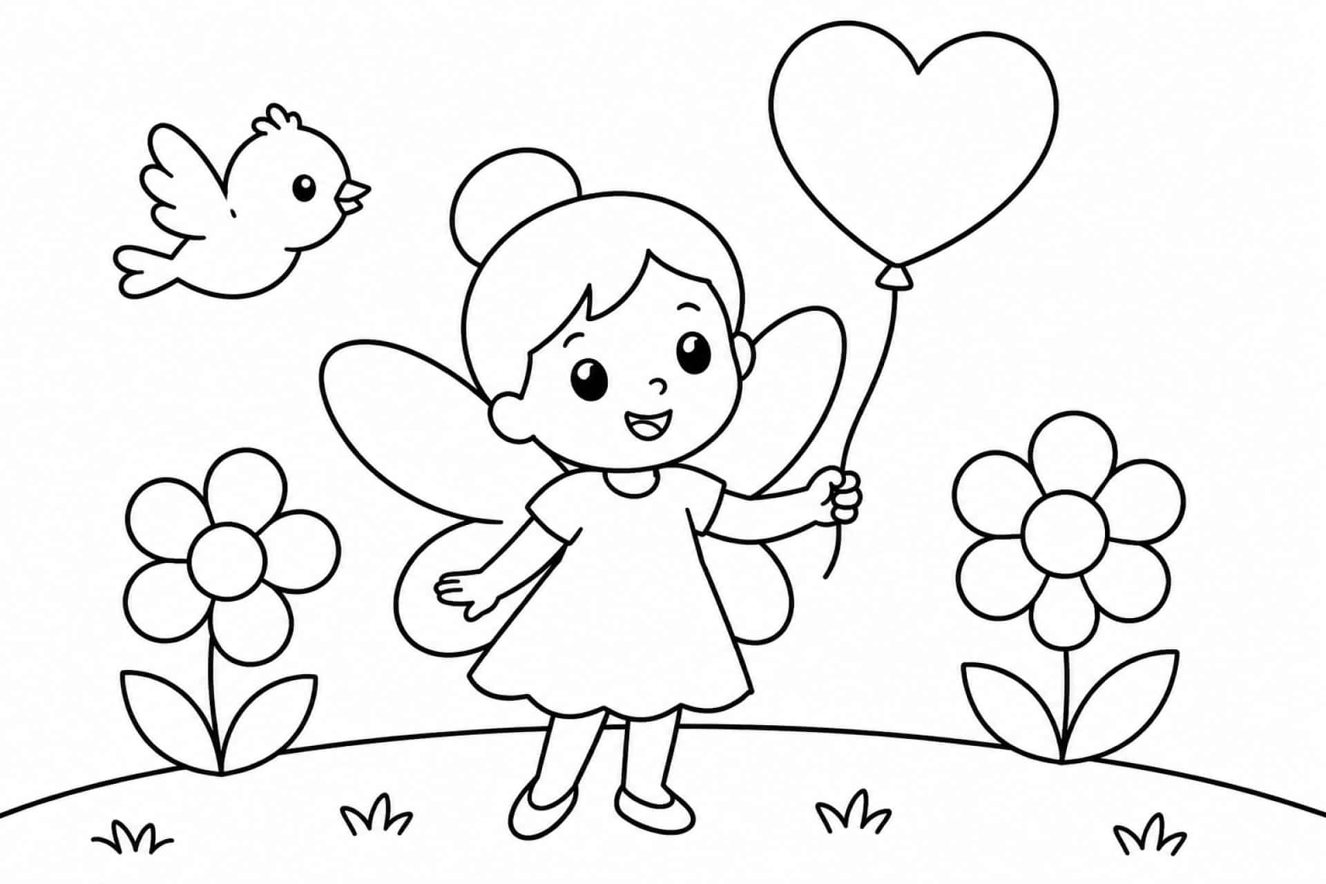 Fee mit Herzballon - Ausmalbild ab 2 Jahren