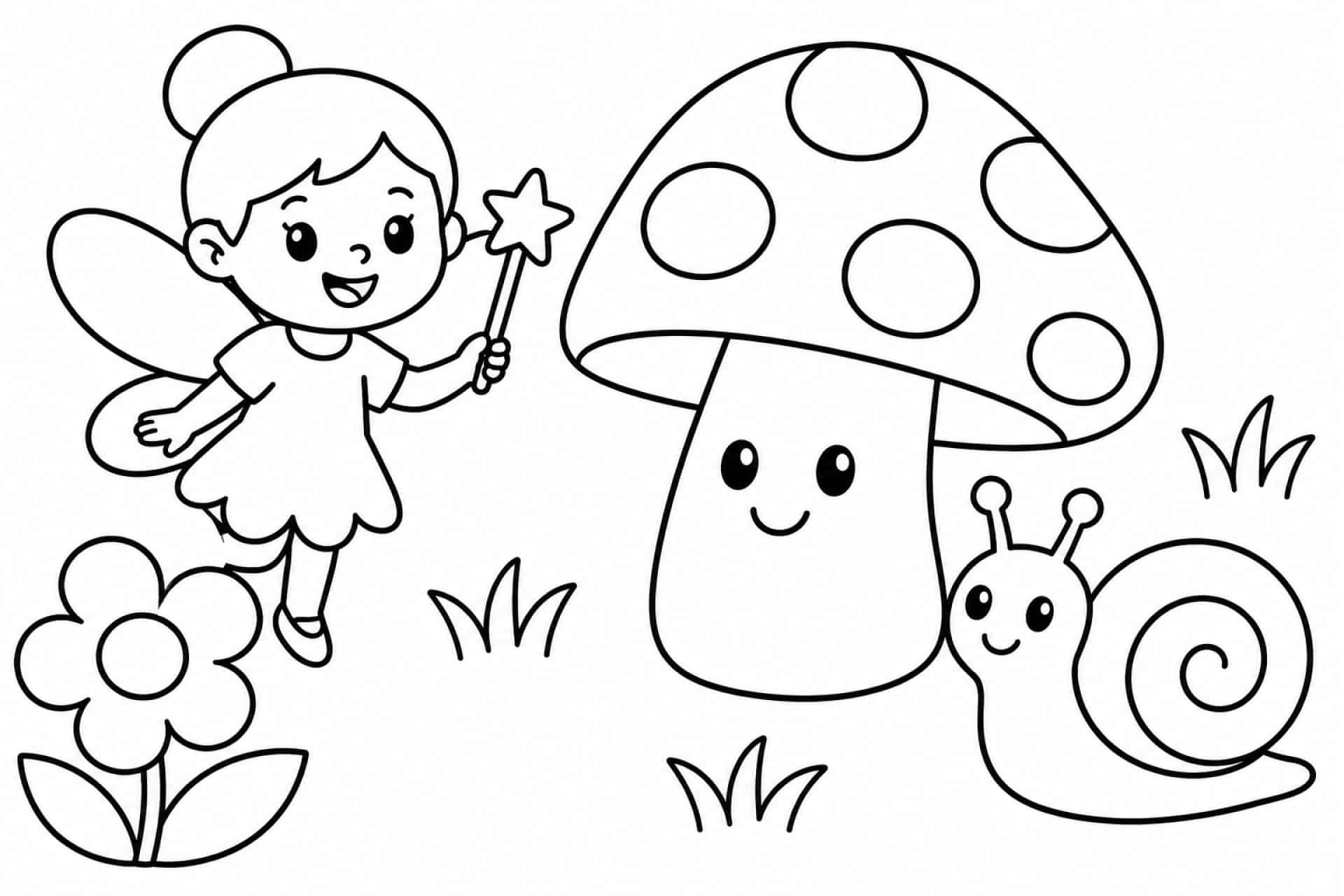 Fee mit Pilz und Schnecke - Ausmalbild ab 2 Jahren
