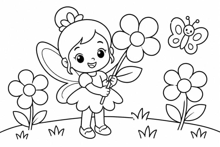 Kleine Fee mit großer Blume - Ausmalbild ab 2 Jahren