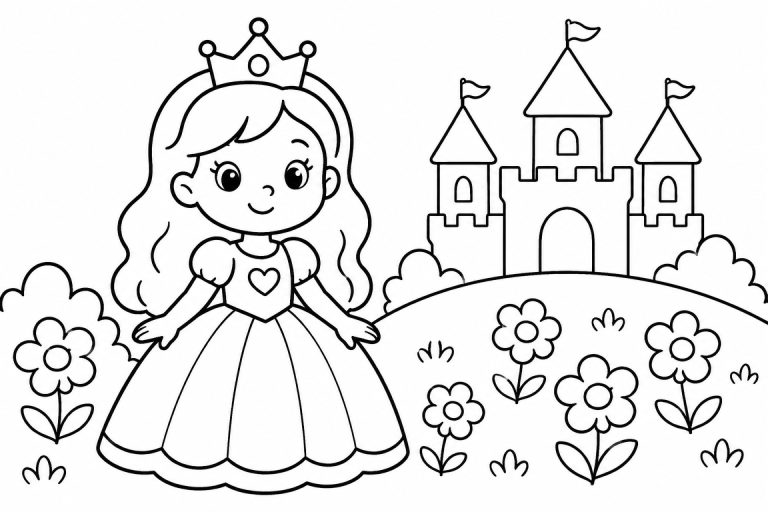 Kleine Prinzessin auf der Blumenwiese - Ausmalbild ab 2 Jahren