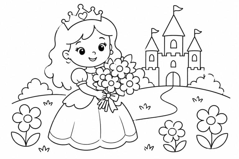 Kleine Prinzessin mit Blumenstrauß - Ausmalbild ab 2 Jahren