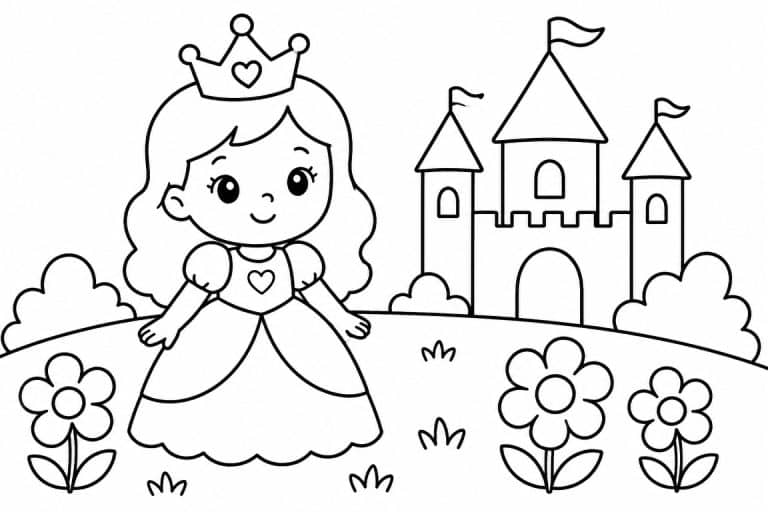 Kleine Prinzessin vor dem Schloss - Ausmalbild ab 2 Jahren
