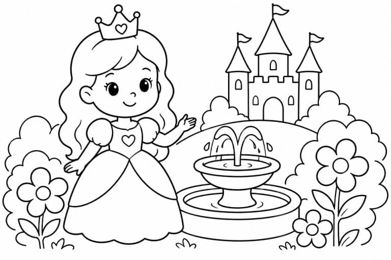 Prinzessin am Schlossbrunnen - Ausmalbild ab 2 Jahren