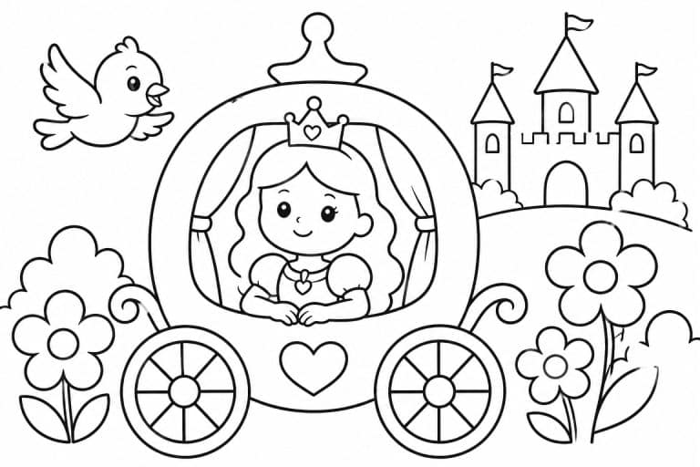 Prinzessin in der Märchenkutsche - Ausmalbild ab 2 Jahren