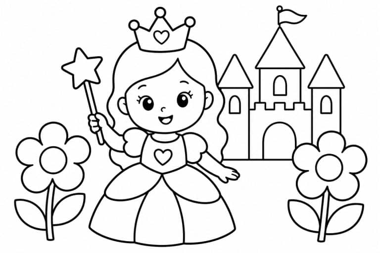 Prinzessin mit einfachem Zauberstab - Ausmalbild ab 2 Jahren