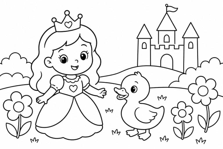 Prinzessin mit Ente auf der Wiese - Ausmalbild ab 2 Jahren