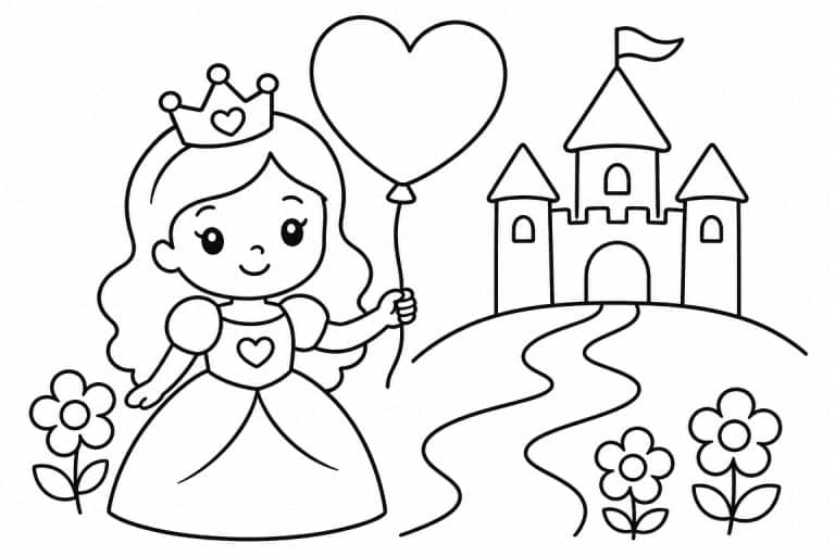 Prinzessin mit Herzballon - Ausmalbild ab 2 Jahren