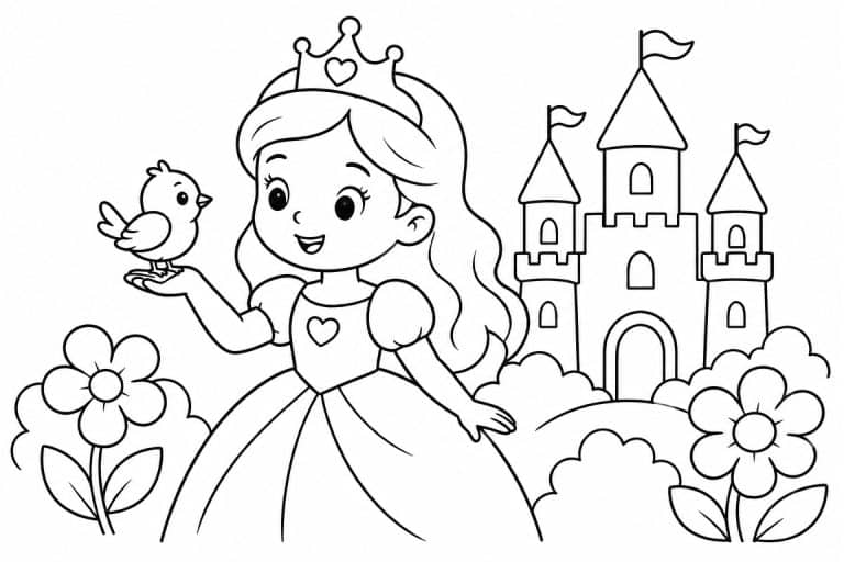 Prinzessin mit kleinem Vogel - Ausmalbild ab 2 Jahren