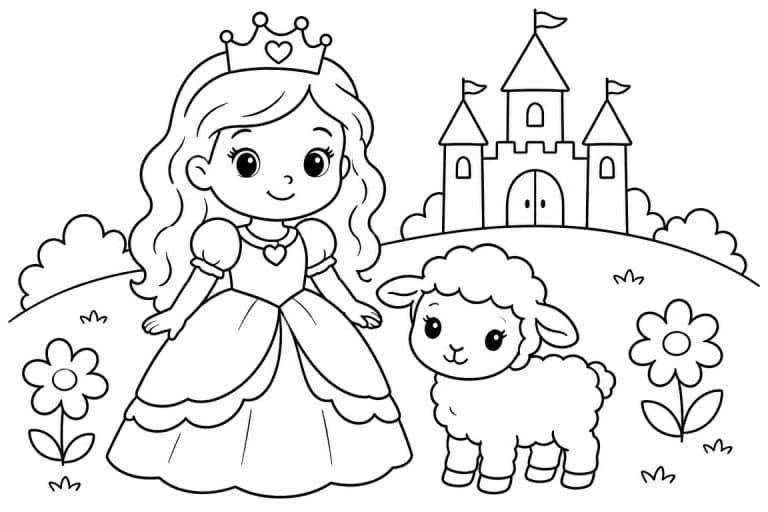 Prinzessin mit Lämmchen - Ausmalbild ab 2 Jahren