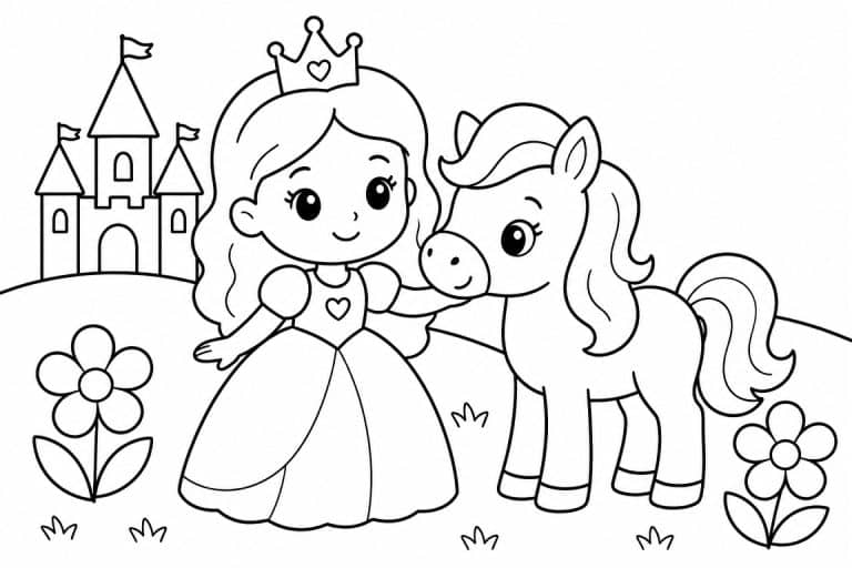 Prinzessin mit Pony - Ausmalbild ab 2 Jahren