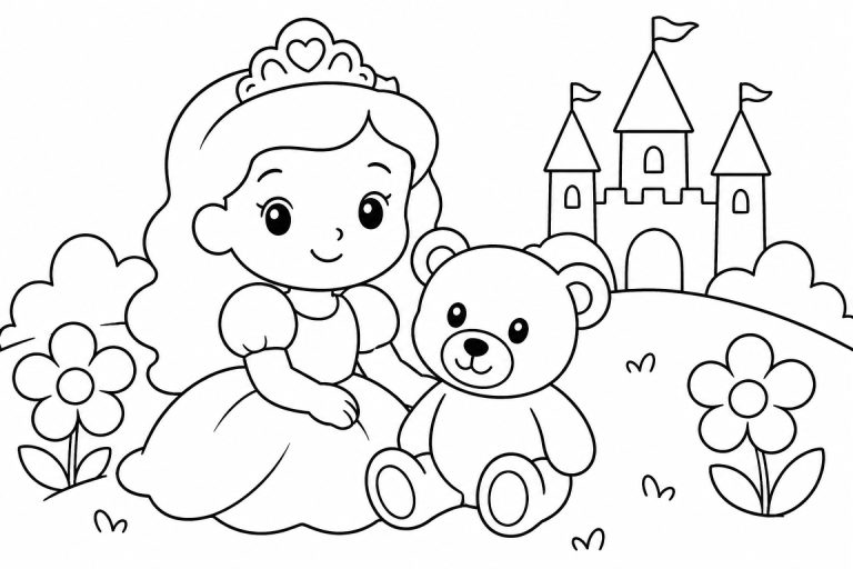 Prinzessin mit Teddy - Ausmalbild ab 2 Jahren