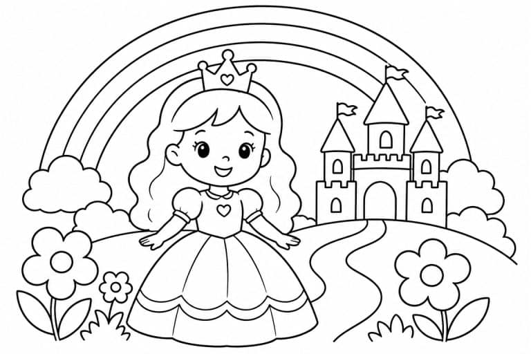 Prinzessin unter dem Regenbogen - Ausmalbild ab 2 Jahren