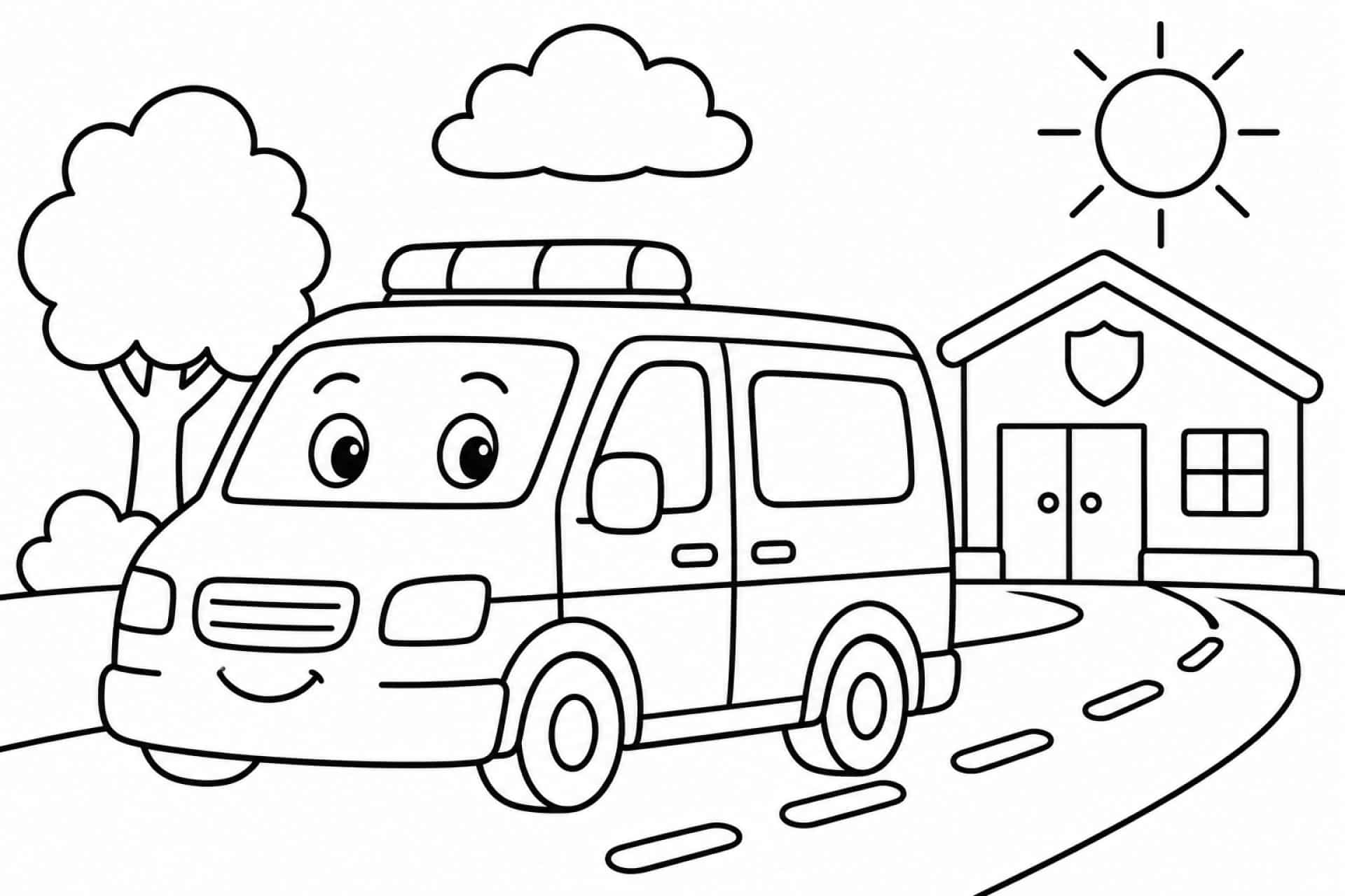 Freundlicher Polizeibus vor der Wache - Ausmalbild ab 4 Jahren