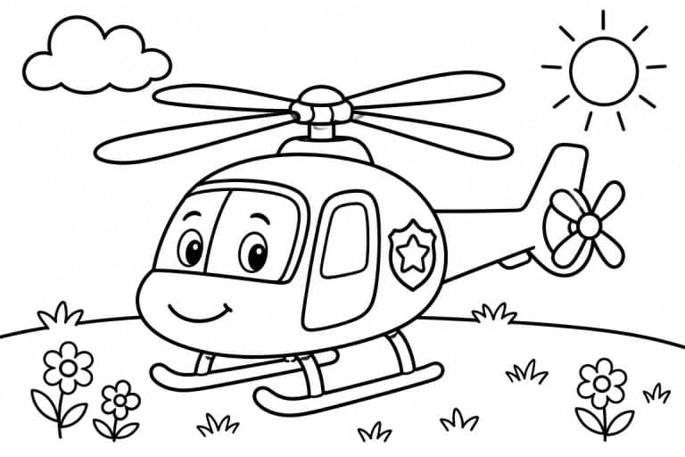 Freundlicher Polizeihubschrauber auf der Wiese - Ausmalbild ab 4 Jahren