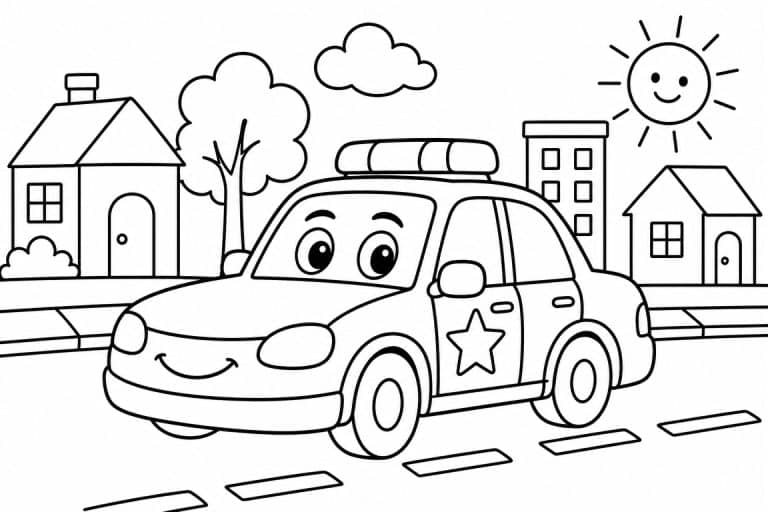 Freundliches Polizeiauto in der Stadt - Ausmalbild ab 4 Jahren