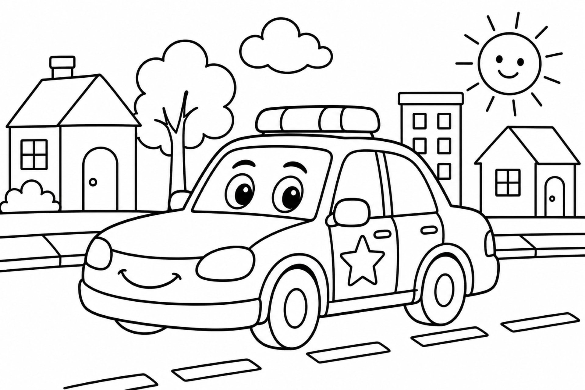 Freundliches Polizeiauto in der Stadt - Ausmalbild ab 4 Jahren