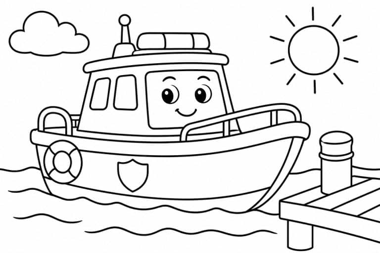 Freundliches Polizeiboot am Steg - Ausmalbild ab 4 Jahren