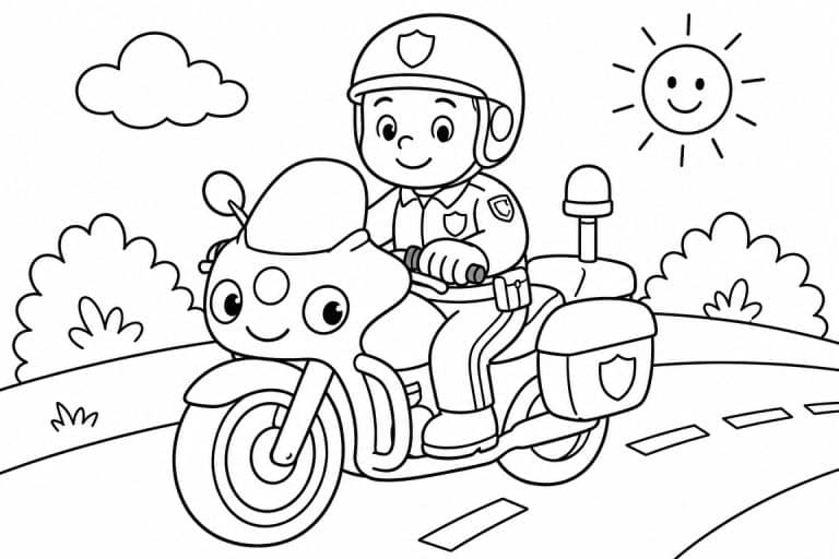 Kleiner Polizist auf dem Motorrad - Ausmalbild ab 4 Jahren