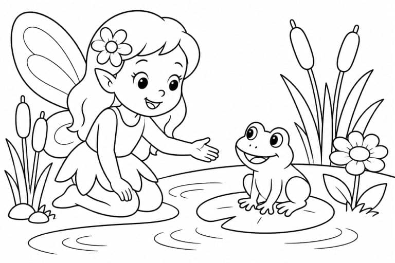 Fee am Teich mit Frosch - Ausmalbild ab 4 Jahren