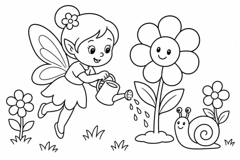 Fee gießt eine Blume - Ausmalbild ab 4 Jahren