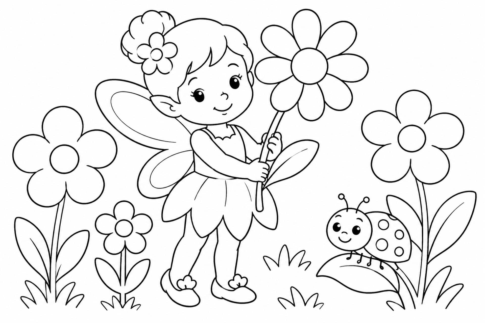 Fee mit großer Blume und Marienkäfer - Ausmalbild ab 4 Jahren