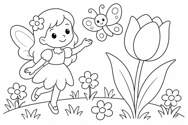 Fee mit Schmetterling und Tulpe - Ausmalbild ab 4 Jahren