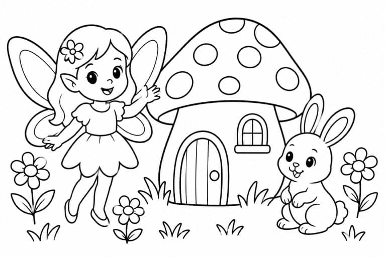Fee vor dem Pilzhaus mit Hase - Ausmalbild ab 4 Jahren