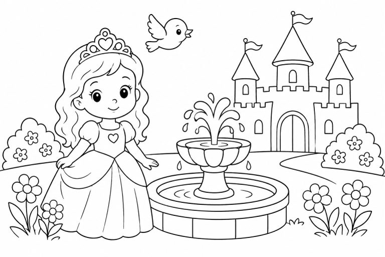 Prinzessin am Schlossbrunnen - Ausmalbild ab 4 Jahren