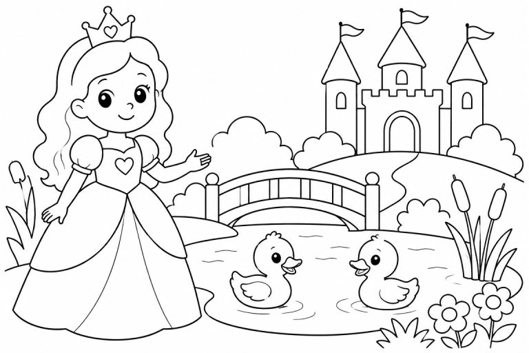 Prinzessin am Teich mit Enten - Ausmalbild ab 4 Jahren