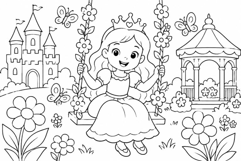 Prinzessin auf der Blumenschaukel - Ausmalbild ab 4 Jahren