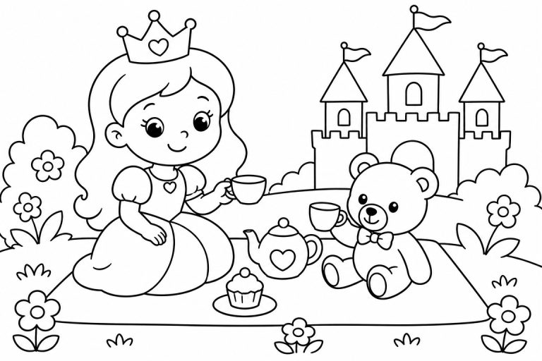Prinzessin bei der Teeparty mit Teddy - Ausmalbild ab 4 Jahren