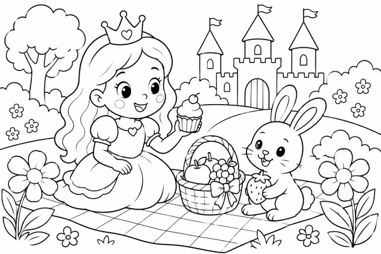Prinzessin beim Picknick mit Hase - Ausmalbild ab 4 Jahren