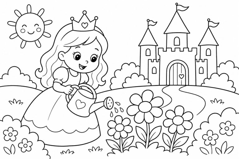 Prinzessin gießt Blumen - Ausmalbild ab 4 Jahren