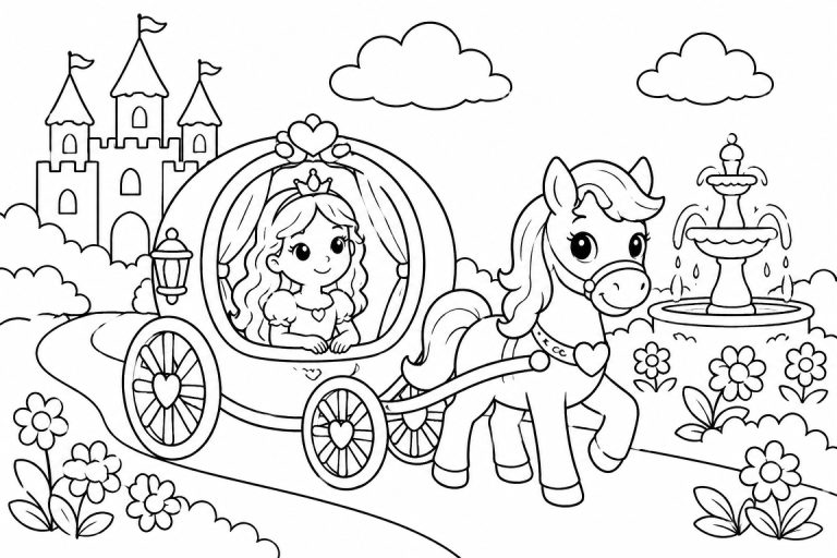 Prinzessin in der Märchenkutsche - Ausmalbild ab 4 Jahren