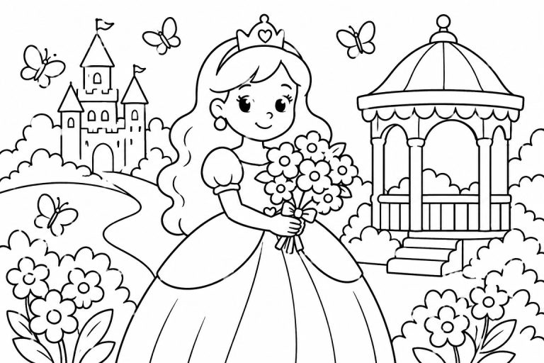 Prinzessin mit Blumenstrauß im Garten - Ausmalbild ab 4 Jahren